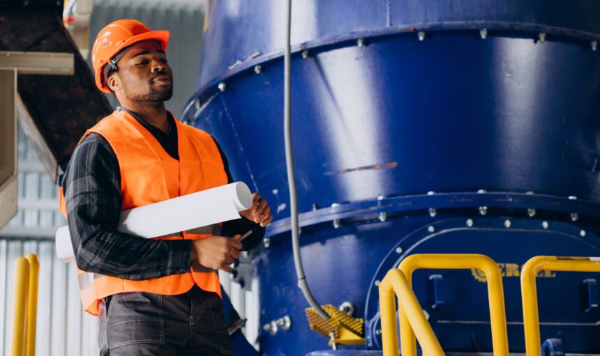 African american worker standing in uniform wearing a safety hat in a factory